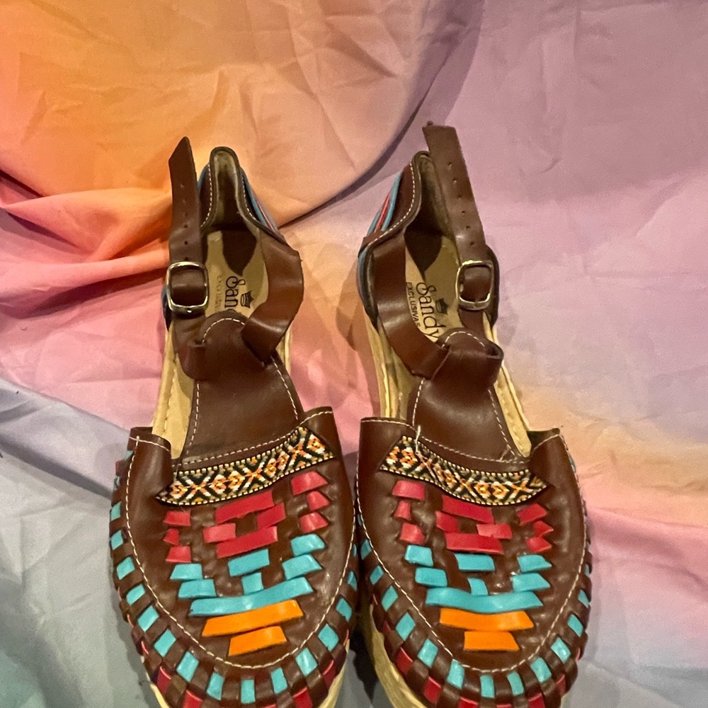 Brown and Red Moccasins with Intricate Woven Design